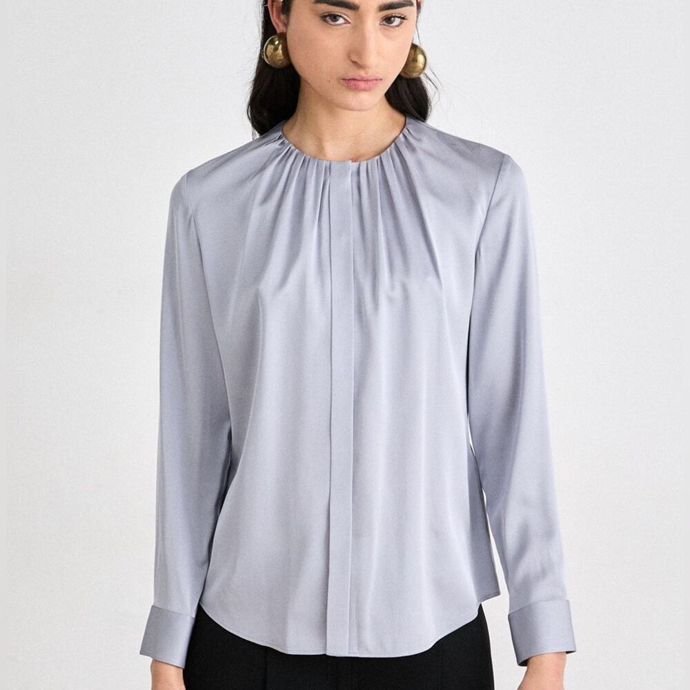 NWT Boss Hugo Boss Banorah 100% Silk Light Pastel Gray Button Blouse